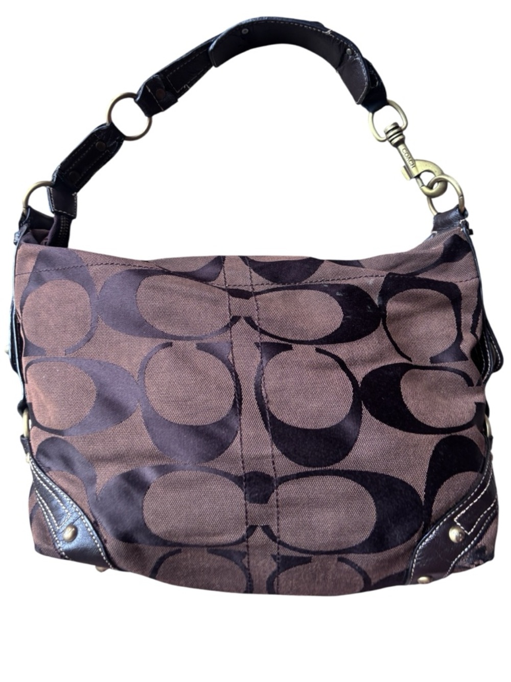 Coach Inspired Carly Large Signature Brown Canvas Hobo Shoulder Bag